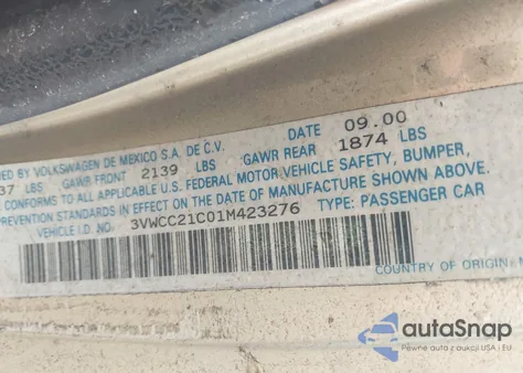 2001 Volkswagen New Beetle Gls 1.8L Turbo z USA, uszkodzony, nr VIN 3VWCC21C01M423276